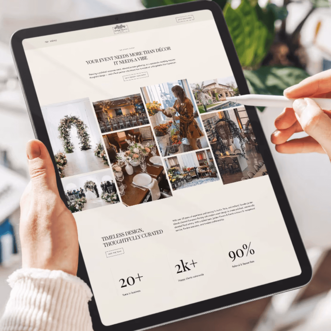 Event and floral styling website design on a tablet